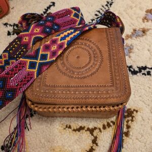 Artisan Leather Crossbody Bag with Vibrant Strap